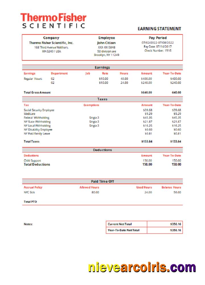 USA Thermo Fisher Scientific laboratory instruments company pay stub